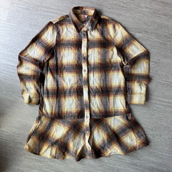 Mazik Womens Flannel Dress Shacket Button Up NWOT Yellow Plaid Button Up Large - Picture 1 of 8